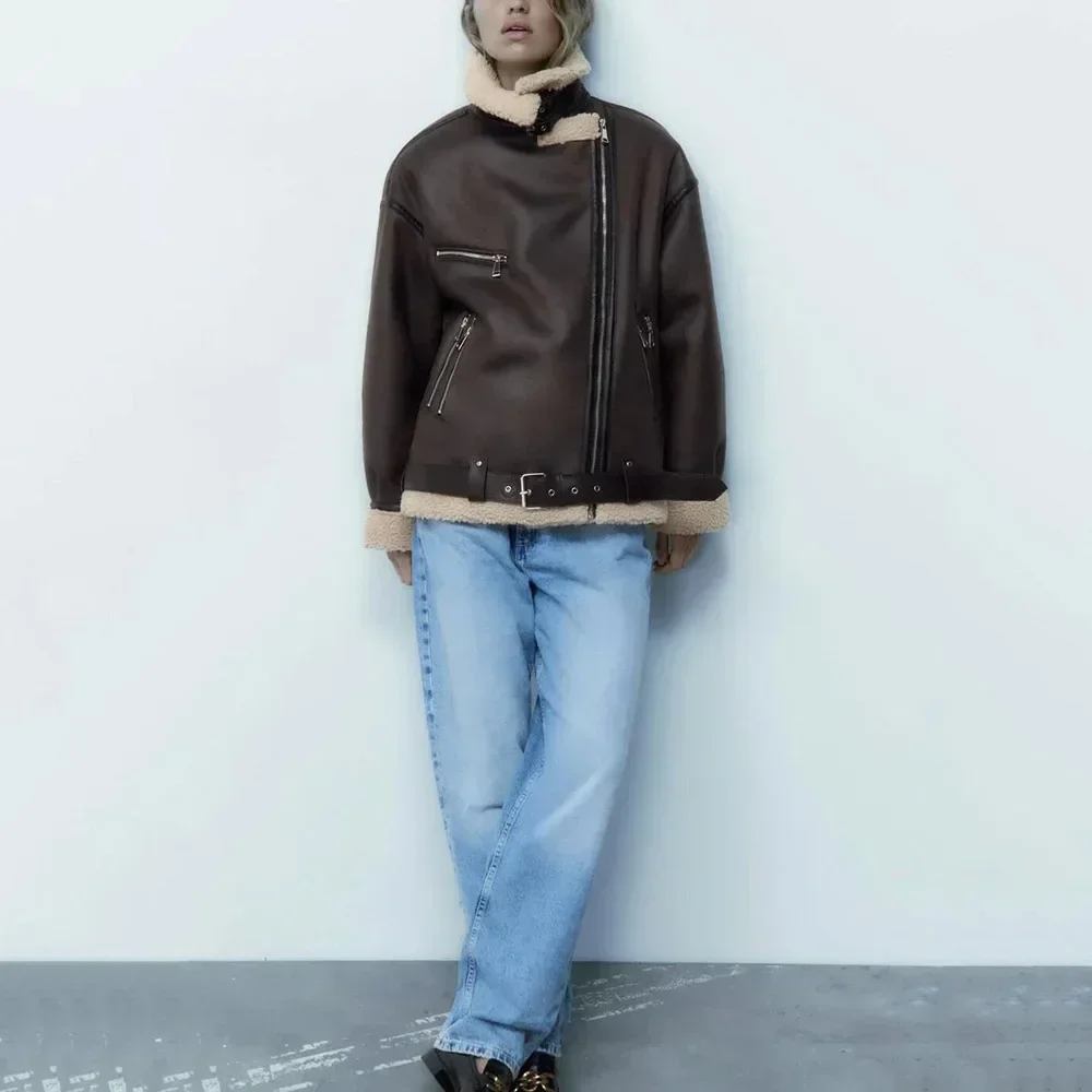 

Women Faux Fur Coat Warm Jacket Double Faced Long Sleeve Zippered Casual Outerwear Lapel Winter Fashion