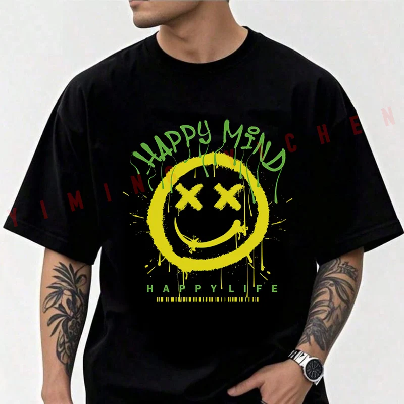 Happy Mind Happy Life T-shirt personnalisé en coton à col rond et manches courtes pour hommes, T-shirt à la mode