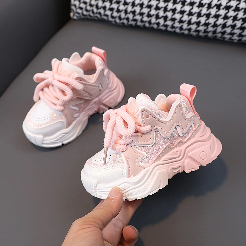 Fashion Children Sequins Pink Chunky Sneakers Toddler Girls TPR Casual Sport Shoes Platform Shoes Kids Tennis 3-6Y Autumn Spring