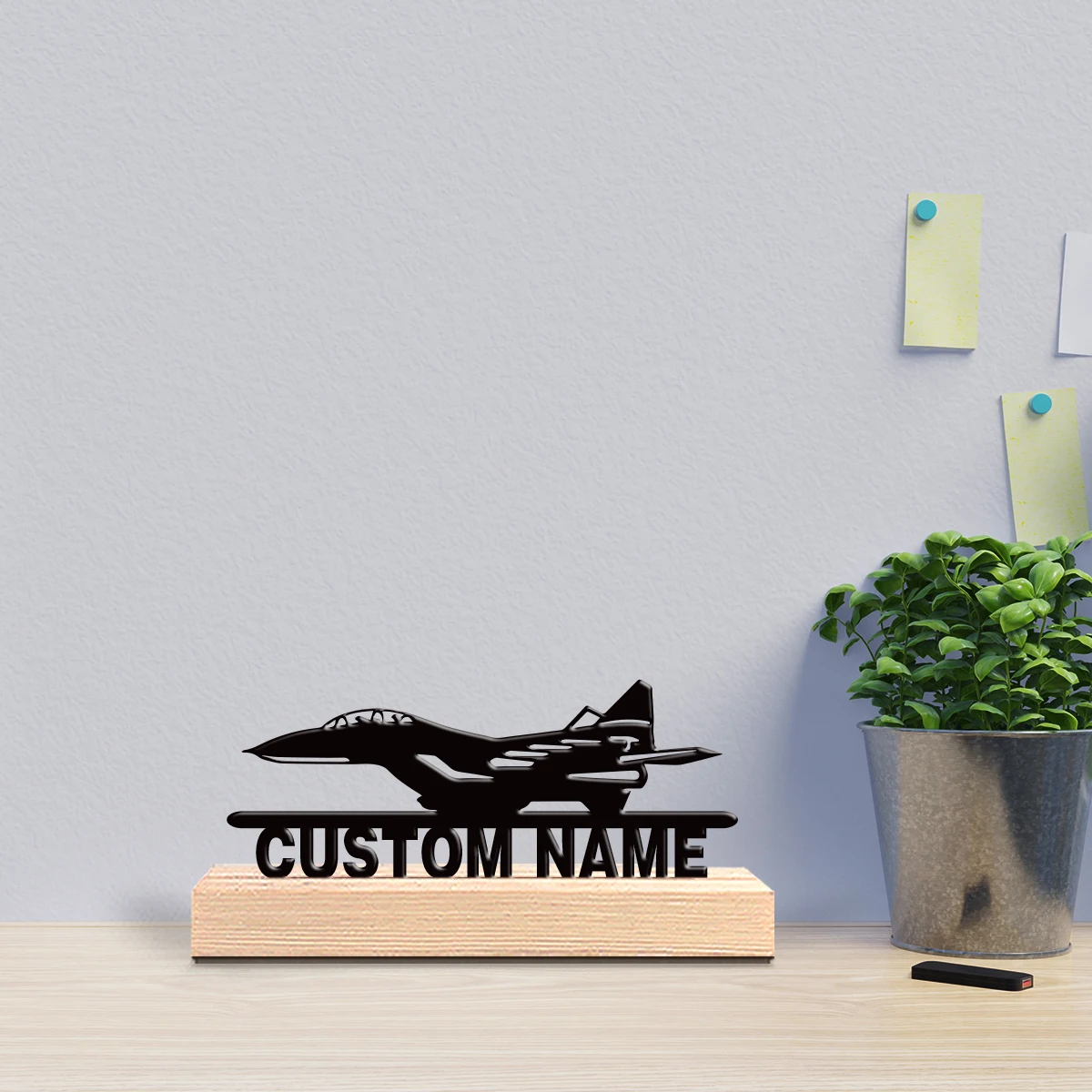 1pc Modern plane Customized Name Tin Statue Metal Ornament Tin Sculpture With Wood Base Art Figurine With Wood Base Office Desk