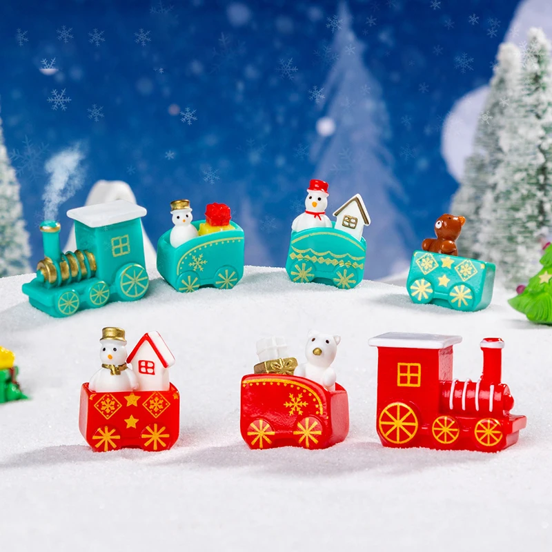 Kawaii Cartoon Miniature Statue Resin Christmas Snowman Train Micro Landscape Desktop Statue Ornament DIY Ornaments Home Crafts