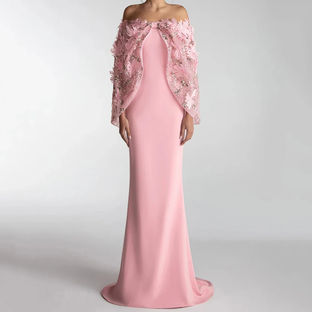 

Customized Mermaid Evening Dresses Floor-length Off The Shoulder Sleeveless Prom Gown Fashion Flowers Sequined Stole Party Gown