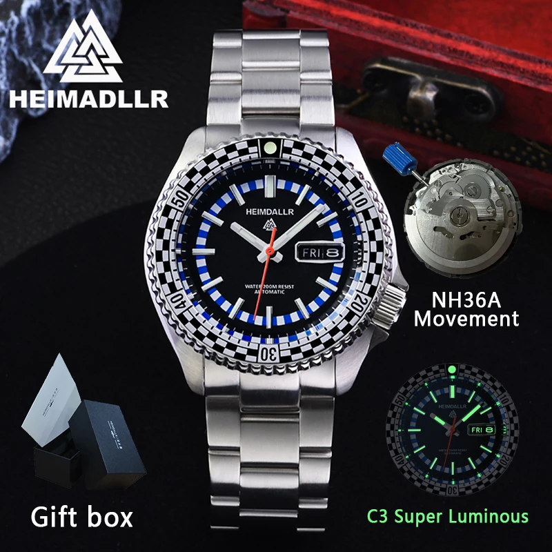 HEIMDALLR Men's Automatic Diver Watch Sapphire Crystal 20Bar Waterproof NH36A Mechanical Watches Aluminum Ring Scale C3 Luminous