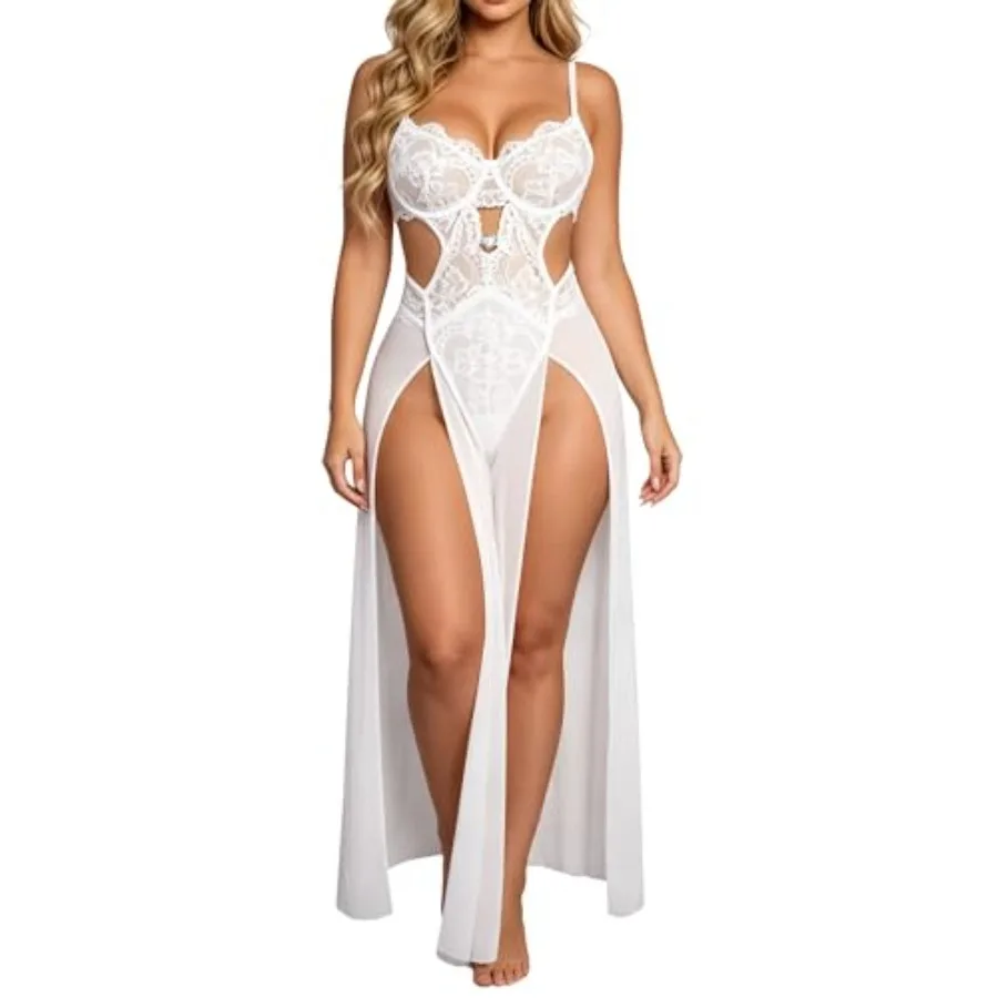 

Hilinker Women's Sheer Lace Lingerie Dress Sexy Long See Through Mesh Chemise Nightgown with Thong