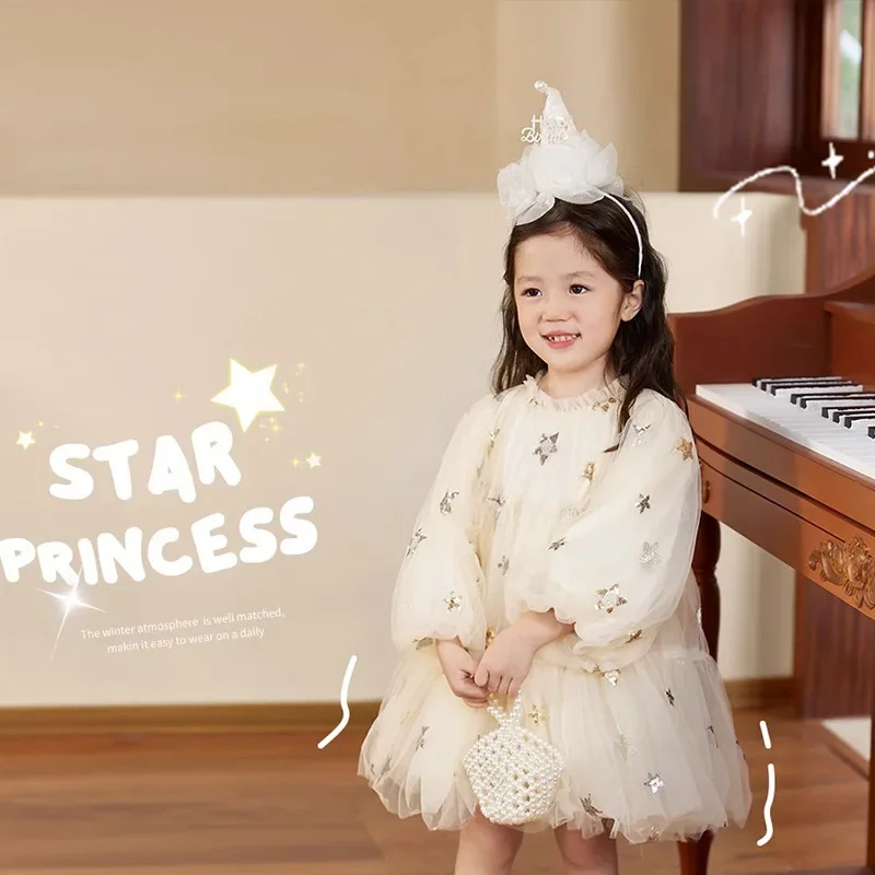 

Flower Mermaid Birthday Dress for Baby Girl Clothes Mesh Sequined Stars Princess Puff Long Sleeve Tutu Dresses Girl Clothes
