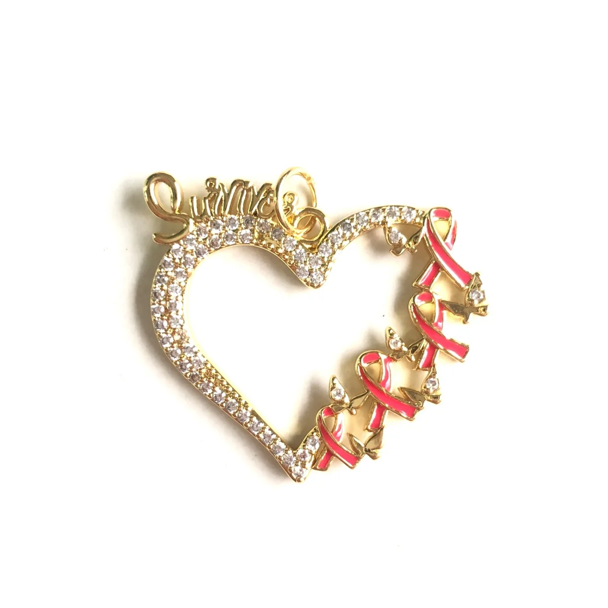 5pcs Pink Ribbon Survivor Heart Charm Bling Breast Cancer Awareness Pendant for Woman Bracelet Necklace Jewelry Accessory Making