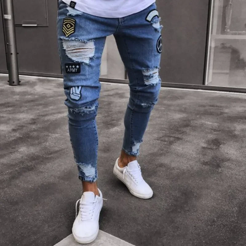 Small Foot Badge Jeans for Mens Trendy Knee Tears Zipper Small Foot Tears New Denim Pants for Men