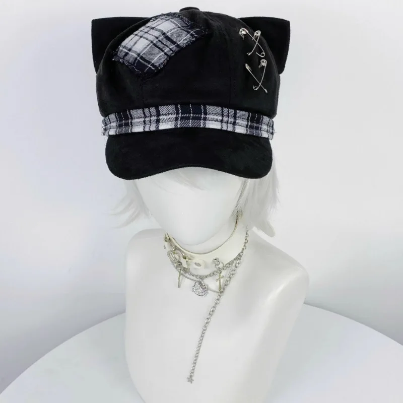 sombreros orejas de gato negro costura a cuadros boina Punk otoño sombrilla al aire libre versátil octogona