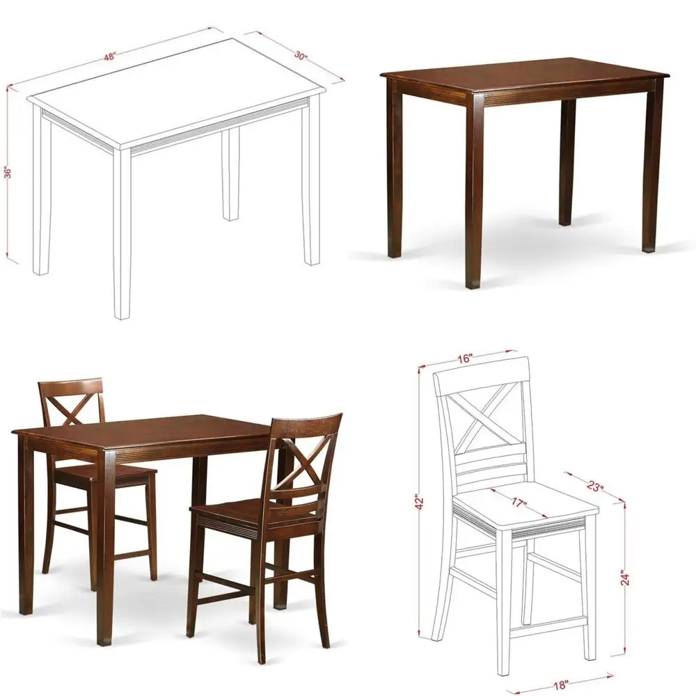

3-Piece Counter Height Dining Set with Table and 2 Chairs, 30x48 Inch, Mahogany Finish
