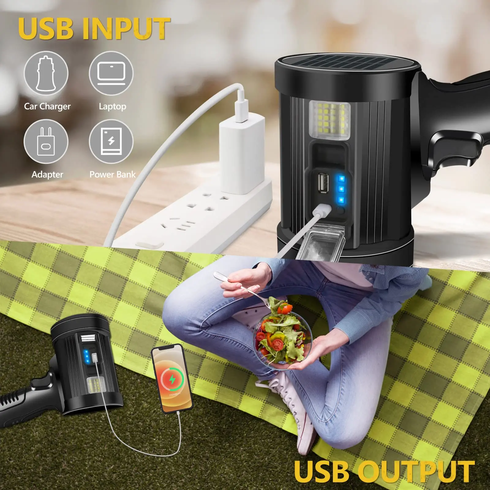 Rechargeable Led Spotlight Waterproof Handheld Large Flashlight Most Powerful Outdoor Solar Spotlights Searchlight
