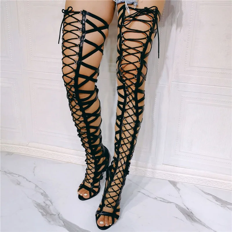 Sexy Peep Toe Laser Strap Crossed Front Hollow Thigh Sandals Boots Thin High Heel Lace-up Women's Summer Over The Knee Boots