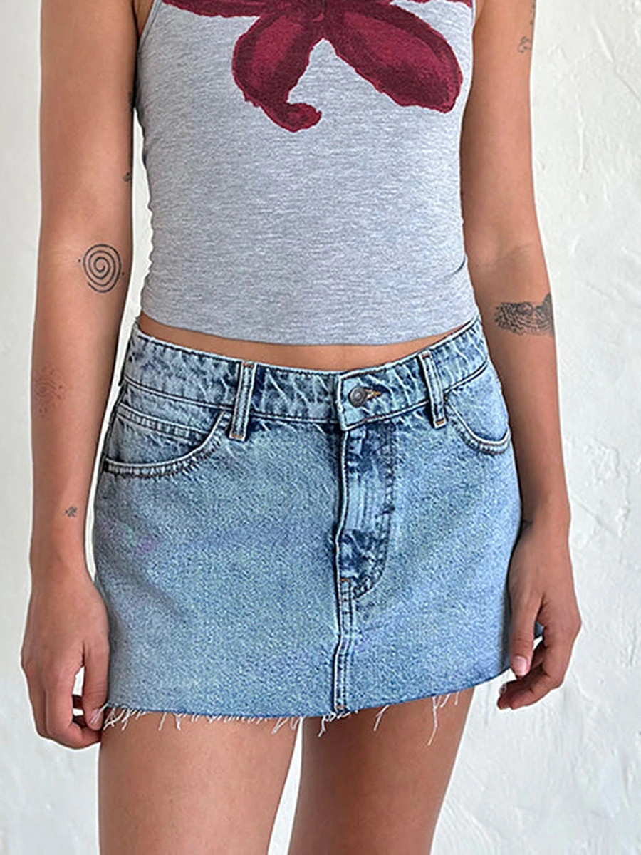 Women s High Waisted Distressed Denim Mini Skirts with Frayed Hemline - Trendy Casual Jean Skirts for Summer Fashion