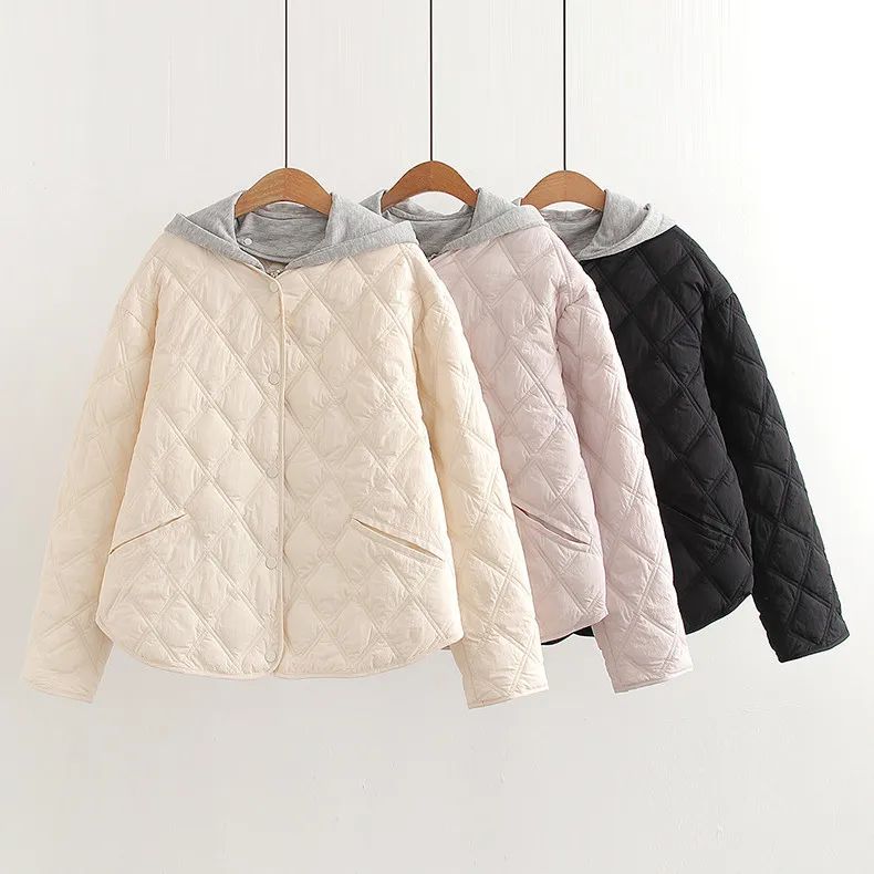 Nowa kurtka ocieplana na jesień 2025, damska, z kapturem, kieszeniami, patchworkowa, w stylu Mori Girl Preppy, ciepła, codzienna, luźna odzież wierzchnia, zimowa C5O028CC