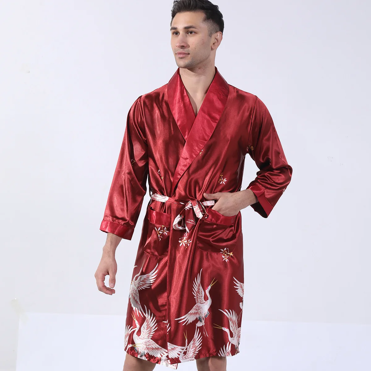 Roupão de seda quimono masculino com cinto, pijamas soltos, roupa de casa, pijamas casuais masculinos, vestido de noite com mancha