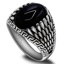 Türkiye men's handmade silver ring S925, natural black agate, classic retro fashion, holiday jewelry, holiday party gifts