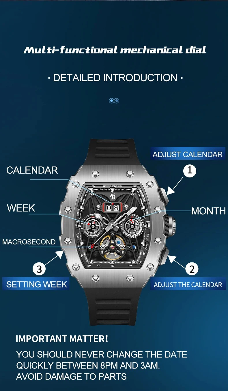 ريف النمر الرجال ساعة أوتوماتيكية 42.5 مللي متر الفاخرة الميكانيكية ساعة اليد تونيو مضيئة مقاوم للماء الهيكل العظمي الهاتفي شهر أسبوع التاريخ