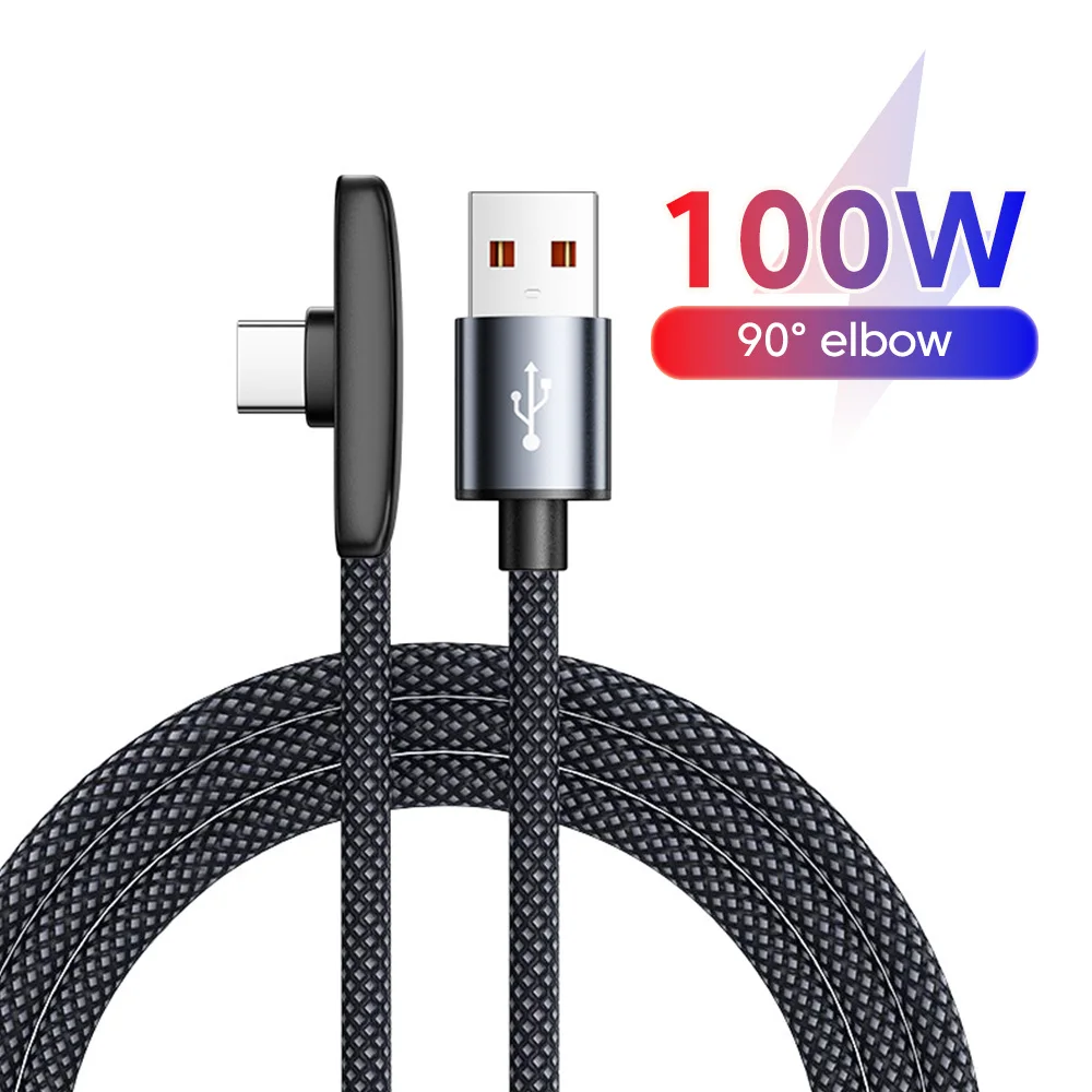100W 6A USB C Super Fast Charger Cord 90Degree Elbow Type-C Weave Data Cable 1M/1.5M/2M For Samsung Huawei Honor Android Devices