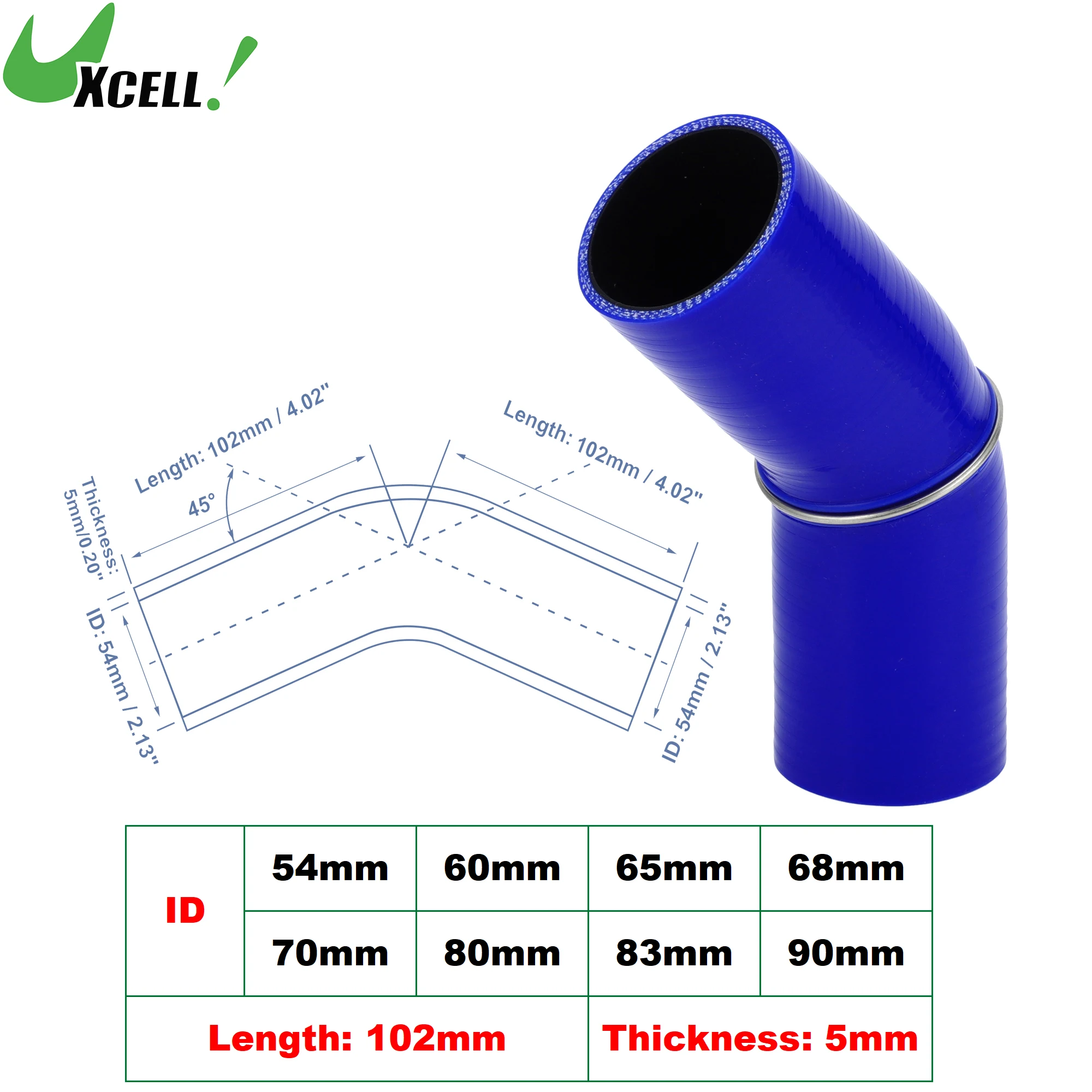 

UXCELL 45 Degree 54/60/65/68/70/80/83/90mm ID Silicone Hose Coupler Intercooler Tube with Ring for Coolant Heater 102mm Long