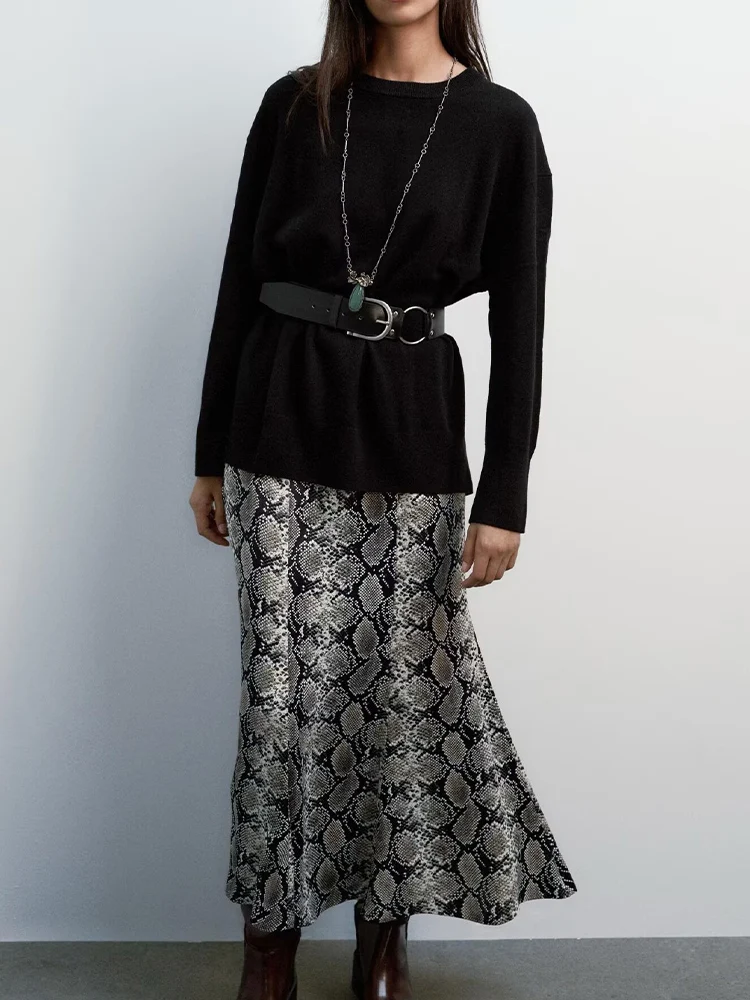 European and American style autumn new fashion trend women's clothing animal print mid-waist textured midi skirt