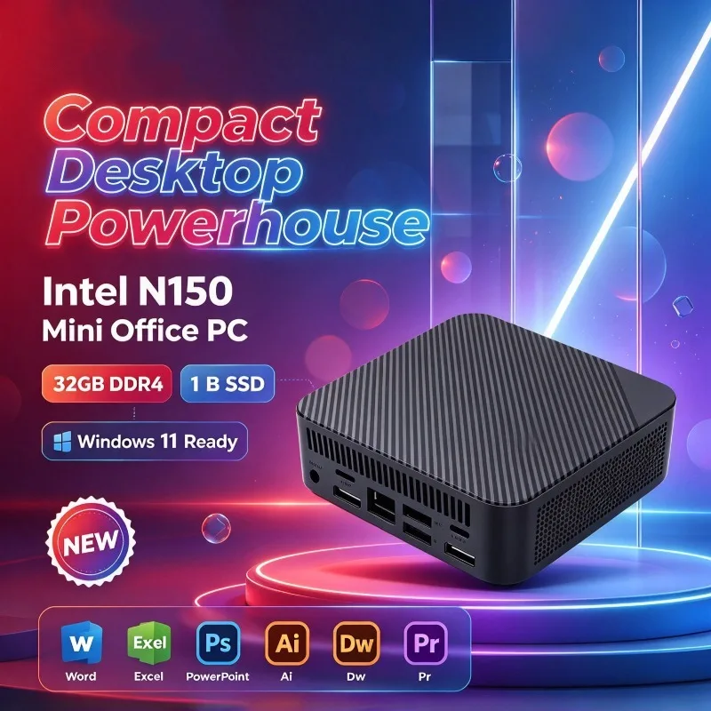 New N150 Mini PC 16GB+2TB High Speed Storage WiFi6 & Bluetooth 5.2 4K Output, Compact Design for Office Work Gaming&Student