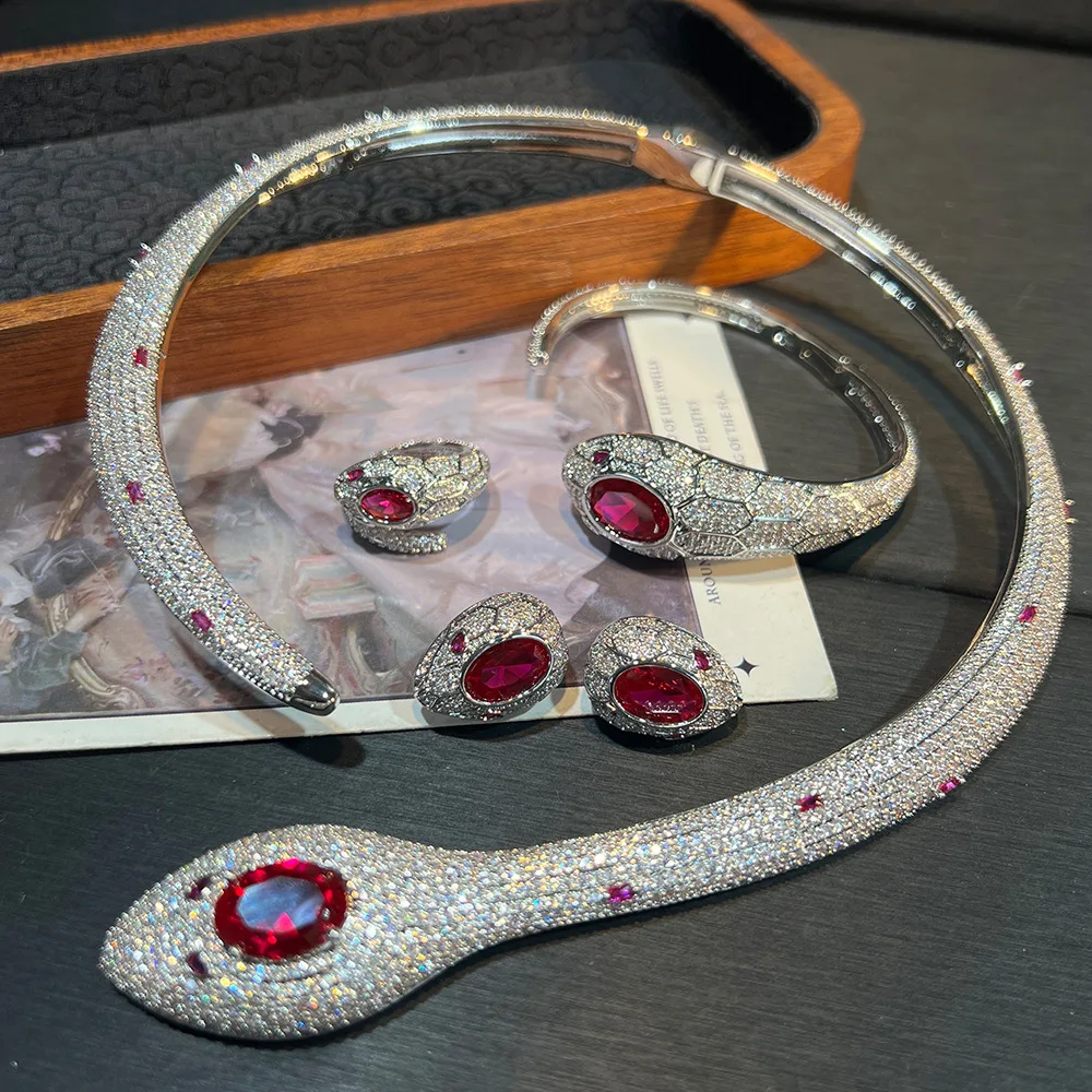 Fashion heavy industry treasure series snake-shaped high carbon new inlaid earrings elegant high-end bracelet necklace set