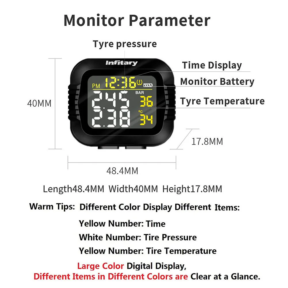 Infitary Moto TMPS Tire Pressure Monitoring System Motorcycle TPMS External Sensor Electric Bicycle Motorbike Digital Tester