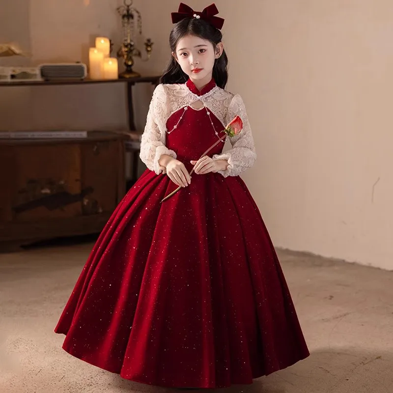 Girls' Red Dress for Hosts, Spring and Autumn Flower Girl Birthday Princess Dress, Children's Piano Performance Costume