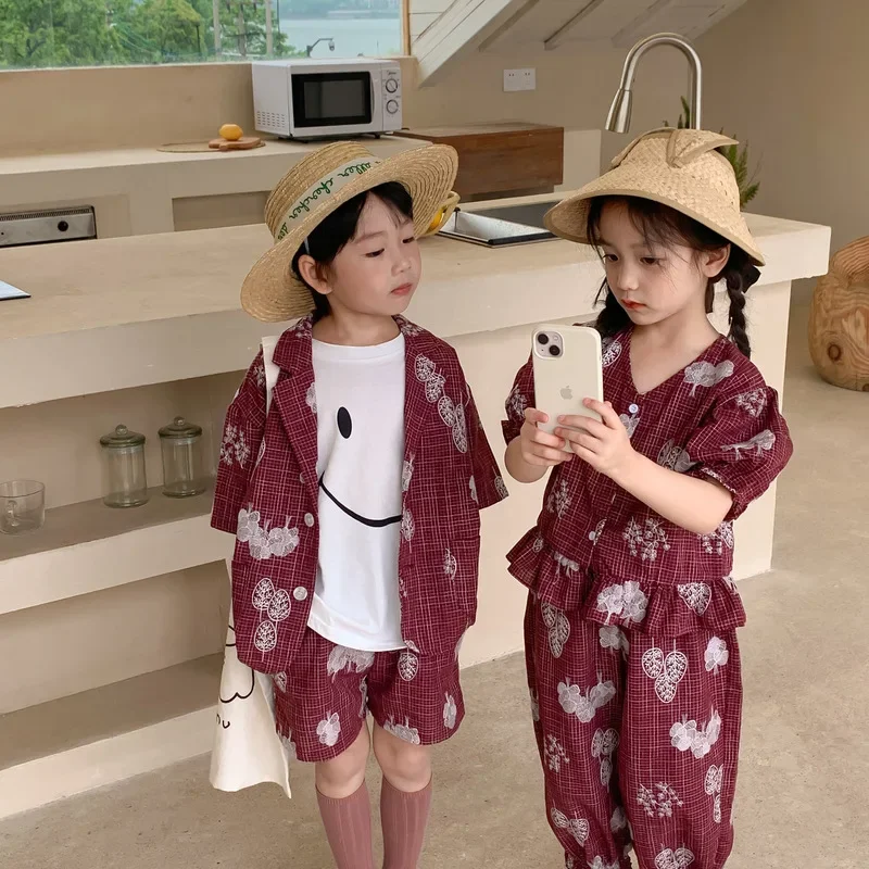 Sister Brother Matching Clothes Beach Girl Dress Kids Vacation Look Shirt+Shorts Summer Outfits 2024 Korean Children Clothing