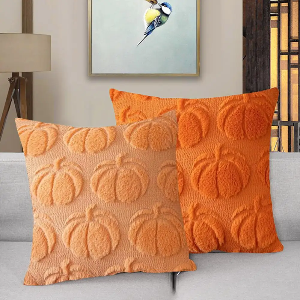 Thanksgiving Decor Pillowcase 3d Pumpkin Pattern Halloween Set for Farmhouse Style Faux Fur Texture