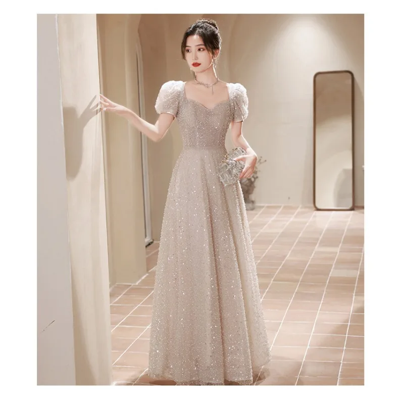 

2025 Spring and Summer New Women's Square Neck Summer French Evening Dress Fashionable Slimming Glitter Luxury Banquet Dress