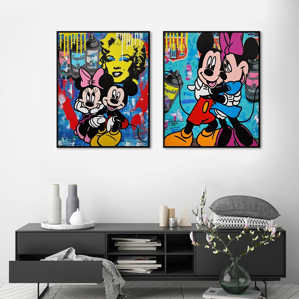 Street Graffiti Style Wall Art Canvas Poster Mickey Minnie Spiderman Superhero Painting Print Picture for Living Room Home Decor