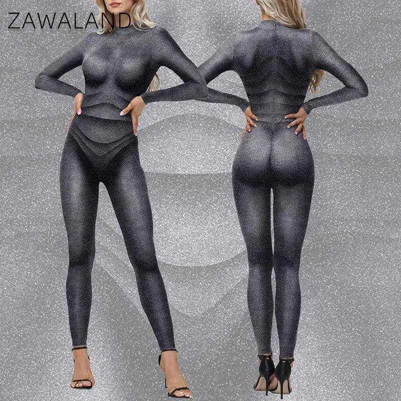 Zawaland سبعة من تسعة زي أنيكا هانسن تأثيري بذلة ثلاثية الأبعاد مطبوعة موضة مهرجان Catsuit هالوين كرنفال عرض الزي