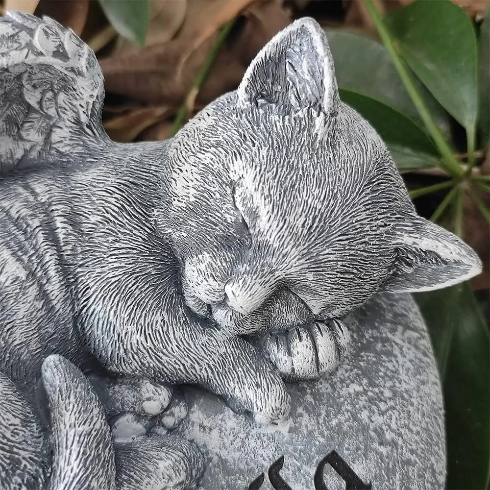 Angel Cat Memorial Garden Statue Stones Grave Markers with a Cat Sleeps on The Heart-Shaped Stone - Cat Garden Stones Cat Statue