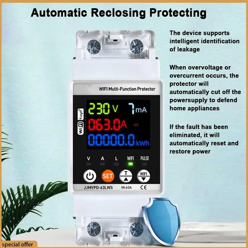 A68Z Tuya Wifi Smart Energy Meter Multifunction Automatic Reclosing Protector Circuit Breaker Voltage Current Leak Protection