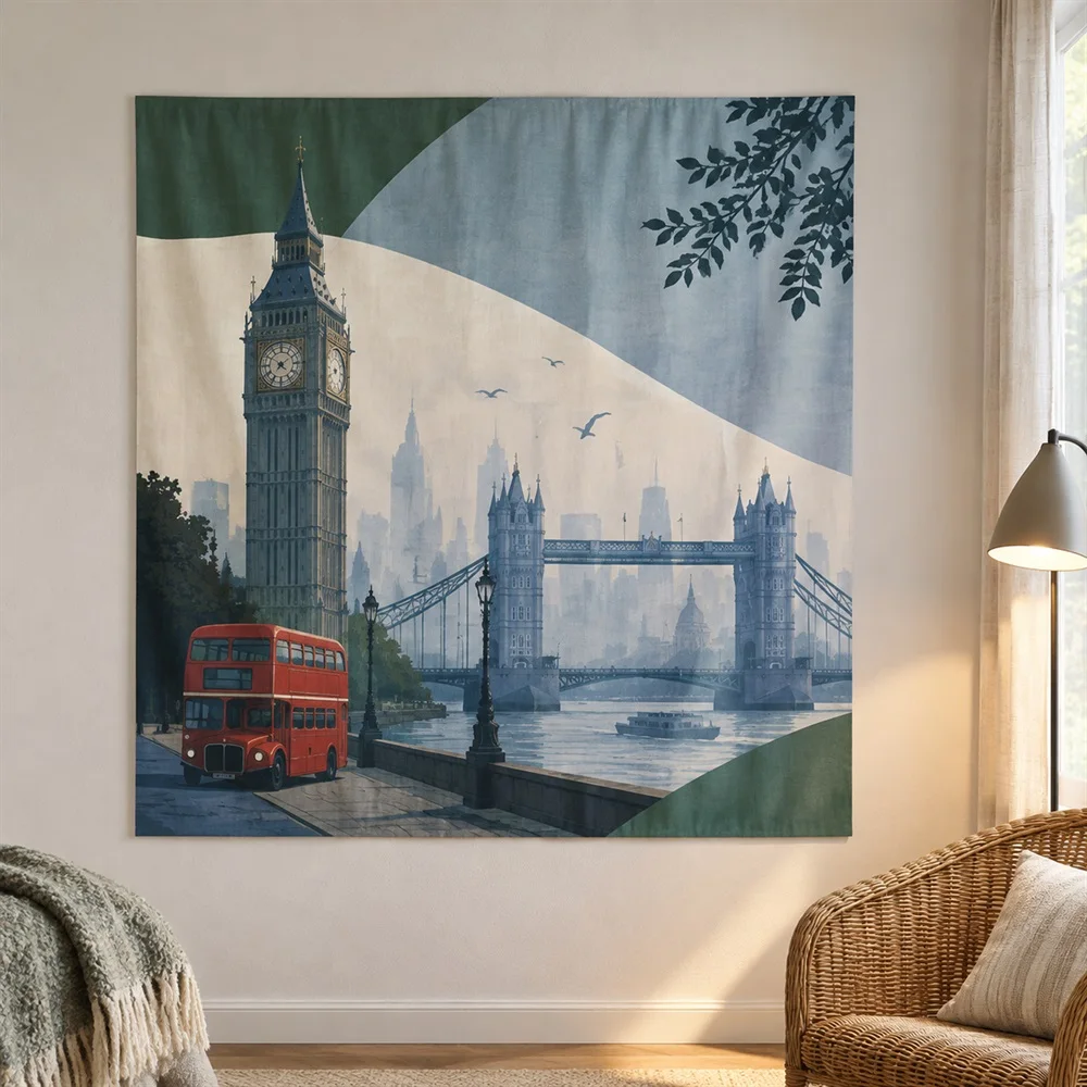 VIKAMA London Landmarks Tapestry Wall Hanging, City Scene Wall Art, British Decor for Living Room Study Bedroom Office
