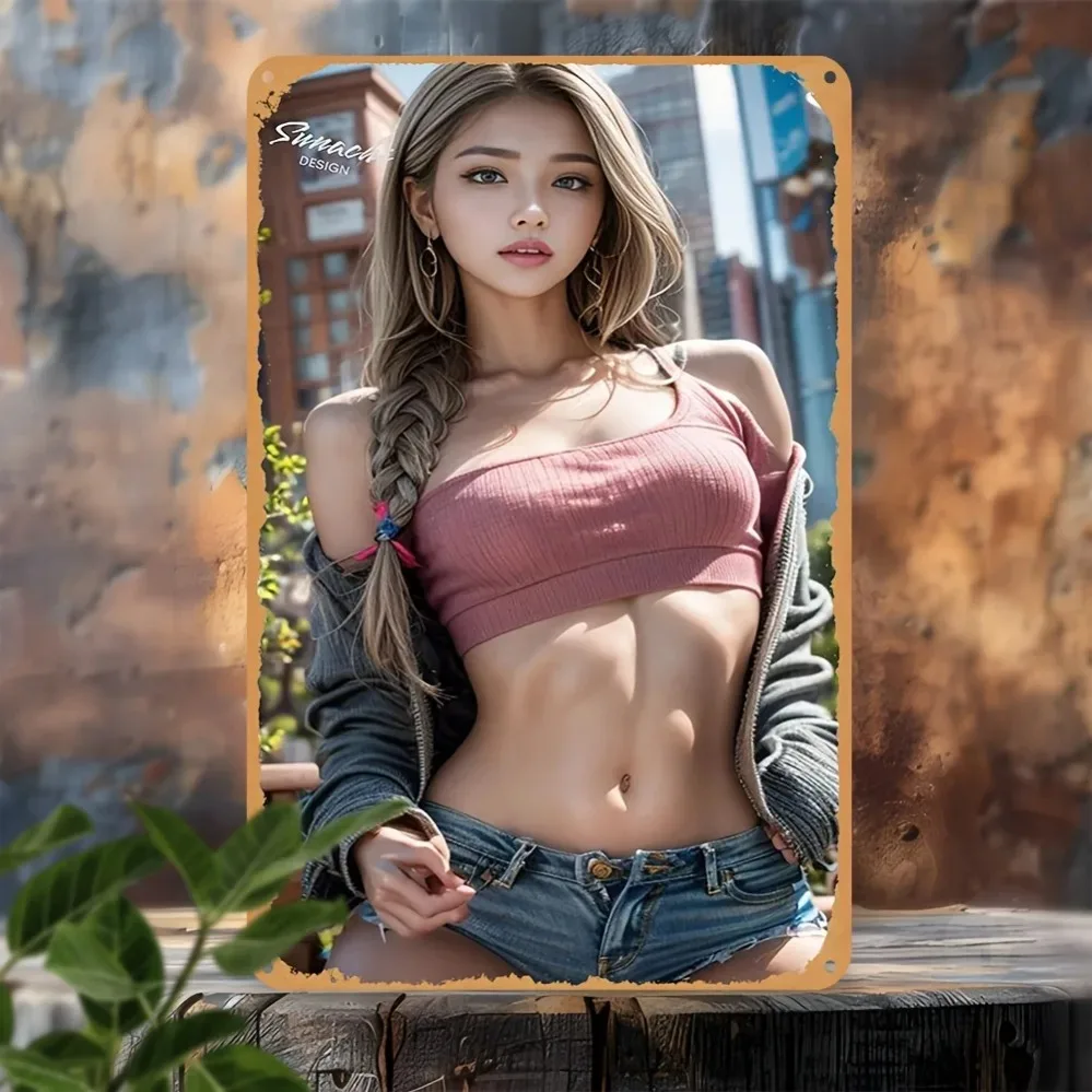 Vintage Stylish Asian Woman Metal Tin Sign - Retro Trendy Girl with Long Ash Blonde Side Braid Hair in Pink One-Shoulder Crop To