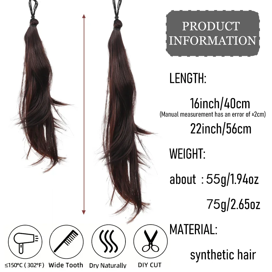 ربطة عنق صناعية مجعدة على شكل ذيل حصان 16 بوصة/22 بوصة، عصابة رأس مرنة، إكسسوار شعر نسائي، شعر مستعار على شكل ذيل حصان مزدوج من لولي، قطعة تمديد