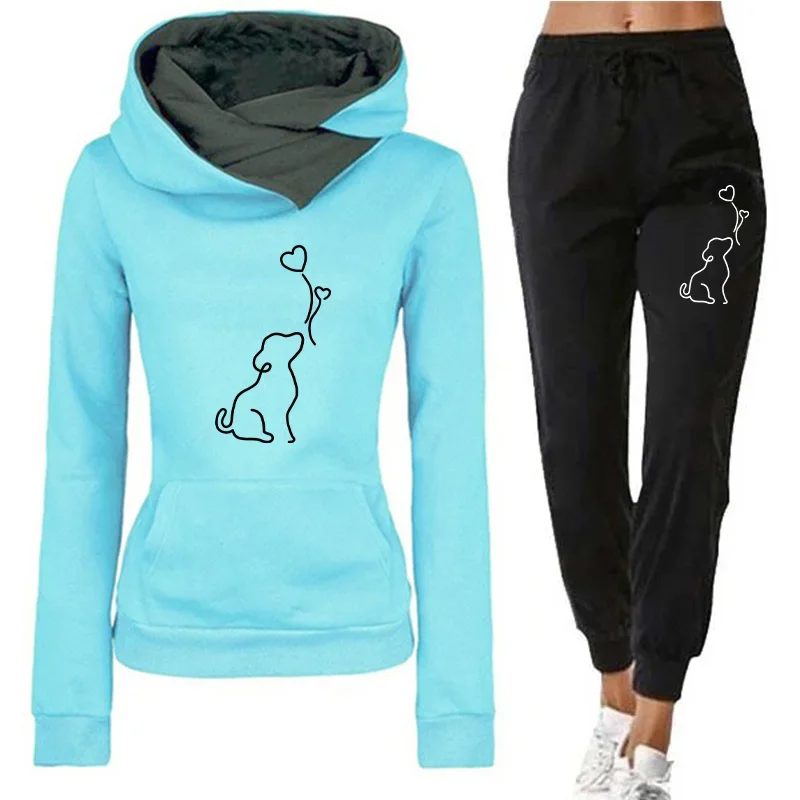 

Womens Tracksuit Cute Dog Printing Irregular Collar Hoodies Single Piece Sweatshirt Sports Pants Outdoors Casual Woman Clothing