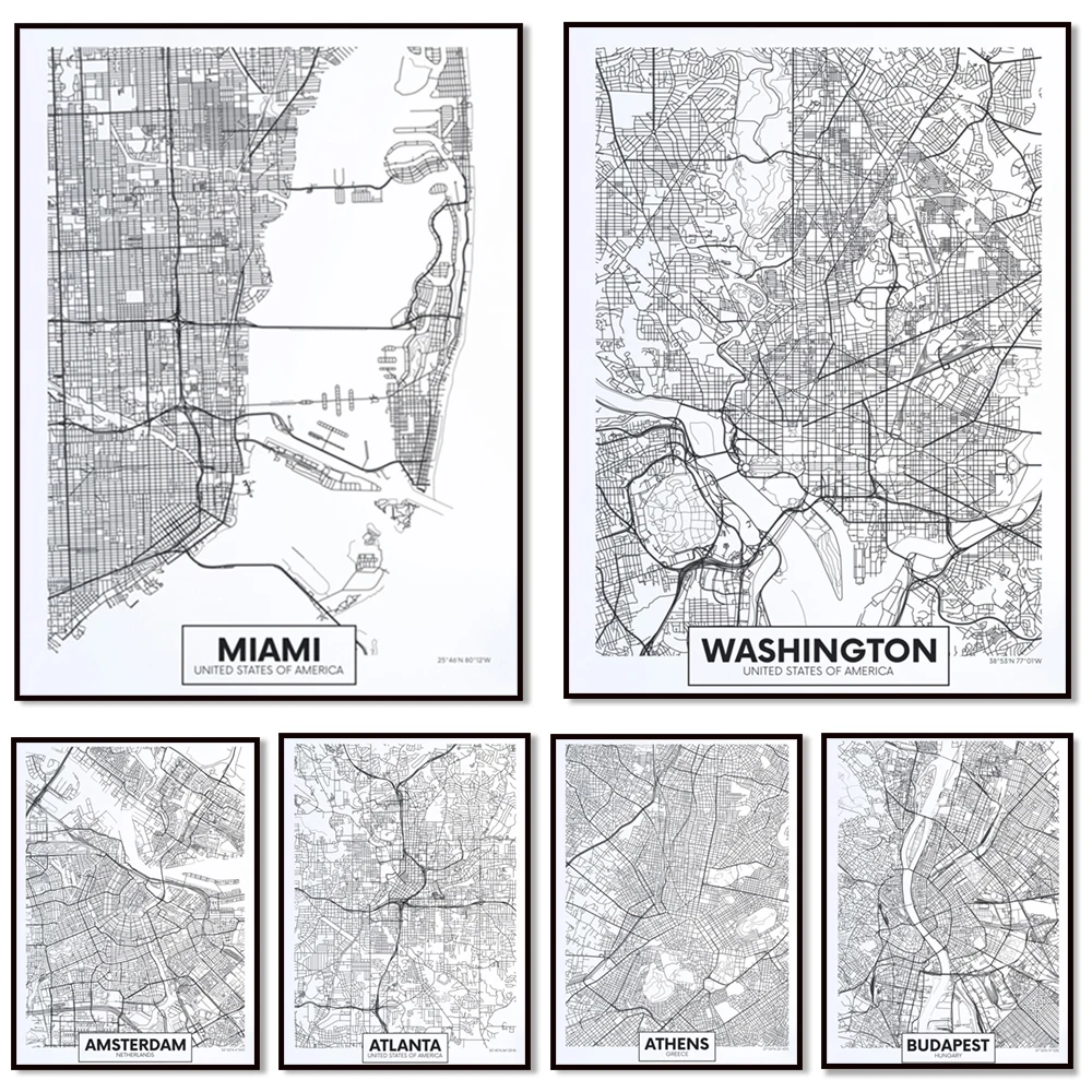 Ciudad de Belfast, ciudad de Miami, ciudad de Washington, impresión de mapas de ciudades de Edimburgo, póster de mapas de ciudades, mapa de ciudades monocromático, impresión de Edimburgo