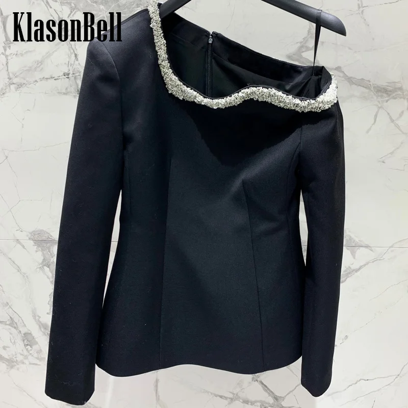 8.4 KlasonBell Women Elegant Sexy One Off-Shoulder Skew Collar Long Sleeve Blouse Autumn New Hand Beading Collect Waist Top