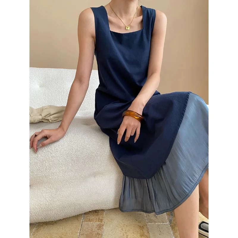 

French Holiday Square Neck Fake Two-piece Spliced Contrasting Vest Dress Simple Loose Fashion Basic Sleeveless Dress Women