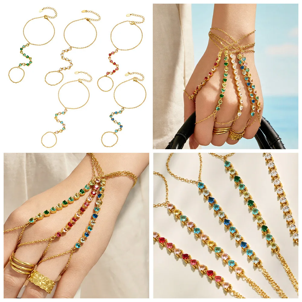 Bunte Zirkon-Handketten-Armbänder für Frauen Edelstahl-Handketten-Armband 18k Vergoldete Armbänder Luxus-Schmuckgeschenk – Detail 1