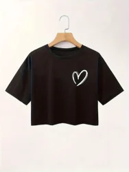 Women's Crop Top T-Shirt with Heart Design Round Neck Short Sleeve Stretchy Sports Tee Comfortable Casual Female Tees