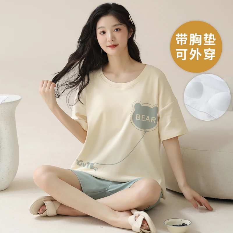 

2Pcs/set Cotton Women's Summer Pajamas Set Short Sleeves Sleeping Top Shorts 2Pcs/set Homewear Young Girl Female Pyjamas Mujer