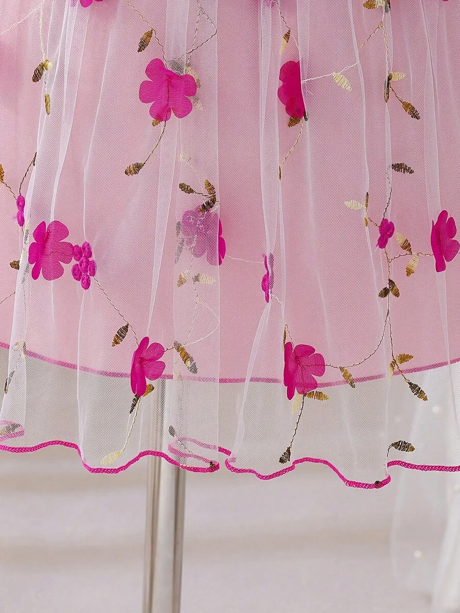 

Elegant Pink Floral Embroidered Tulle A-Line Dress With Ruffled Hem For Party Cocktail Evening