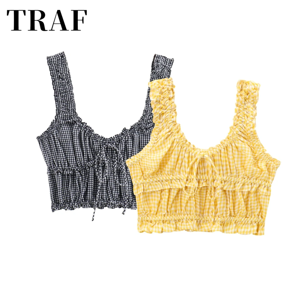 TRAF Summer New Spicy Girl Vacation Style Bow embellishment Square Neck Short Plaid suspender Tank Top