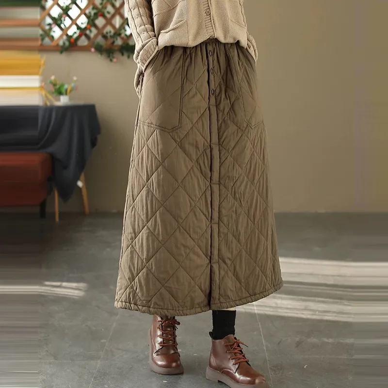 Women Casual Long Skirt New Arrival 2024 Autumn Vintage Style Solid Color Thick Warm Female Basics A-line Skirts B4018