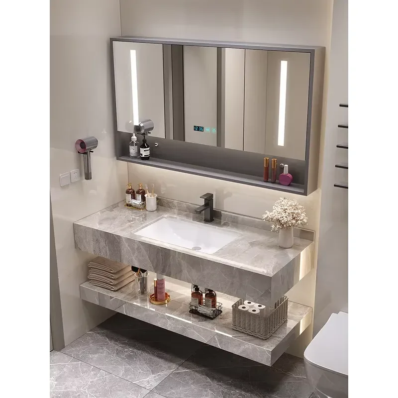Split type design glossy double layer bathroom cabinet with wash basin combination wall mounted smart dressing table with