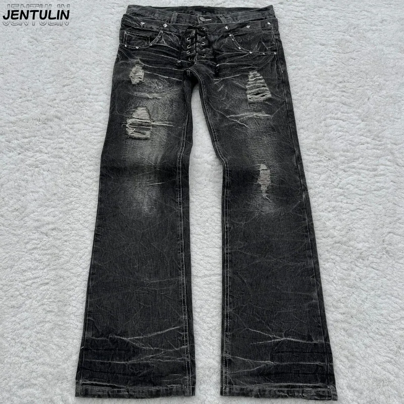 Fashionable High Street Double Waisted Lace Up Micro Flared Women Jeans Y2K Retro Harajuku Washed Design For Men And Women Jeans