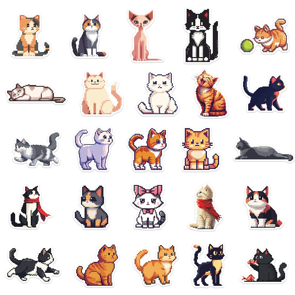 Desenhos animados Pixel Cat Adesivos, Decalques de Vinil para Garrafa De Água, Laptop, Bagagem, Notebook, Impermeável, Graffiti Adesivo, Brinquedo, Bonito, 10 Pcs, 50Pcs